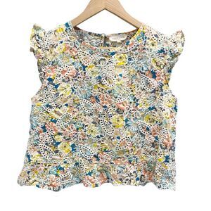 Solitaire Paisley Floral Eyelet Top Shirt Ruffle Sleeve Hem Women's Medium